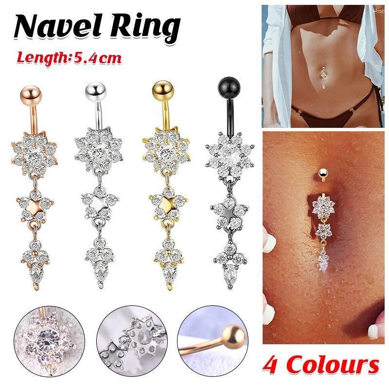 Flower Crystal Surgical Steel Dangle BELLY Button Navel bars Ring Body view 2