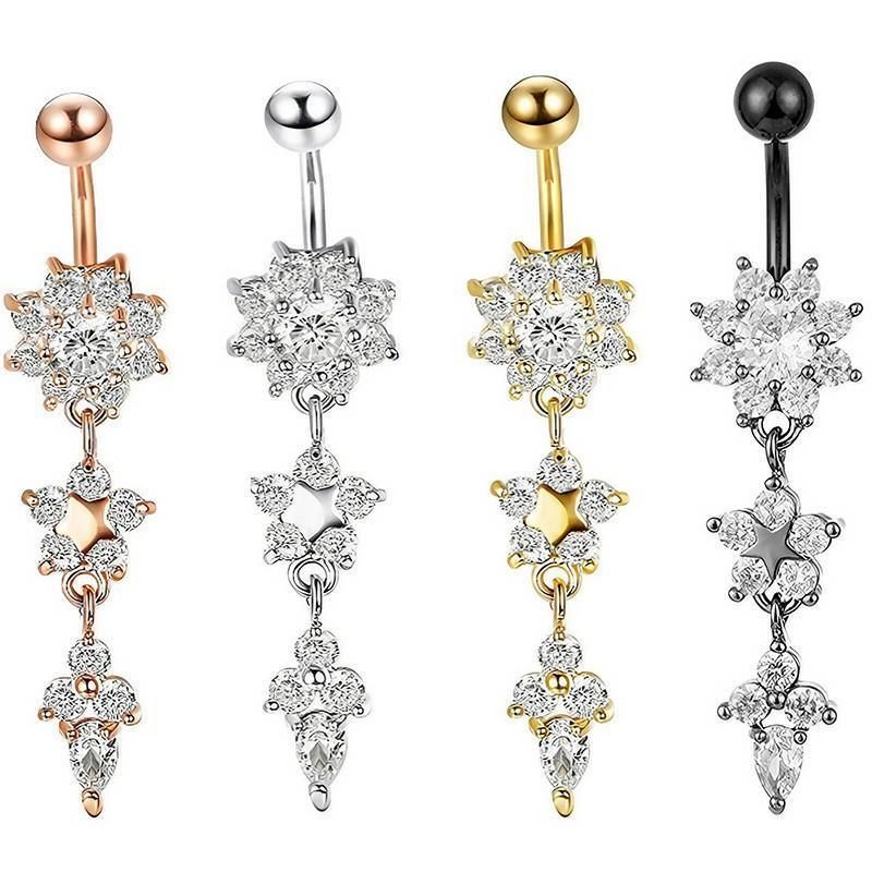 Flower Crystal Surgical Steel Dangle BELLY Button Navel bars Ring Body view 3