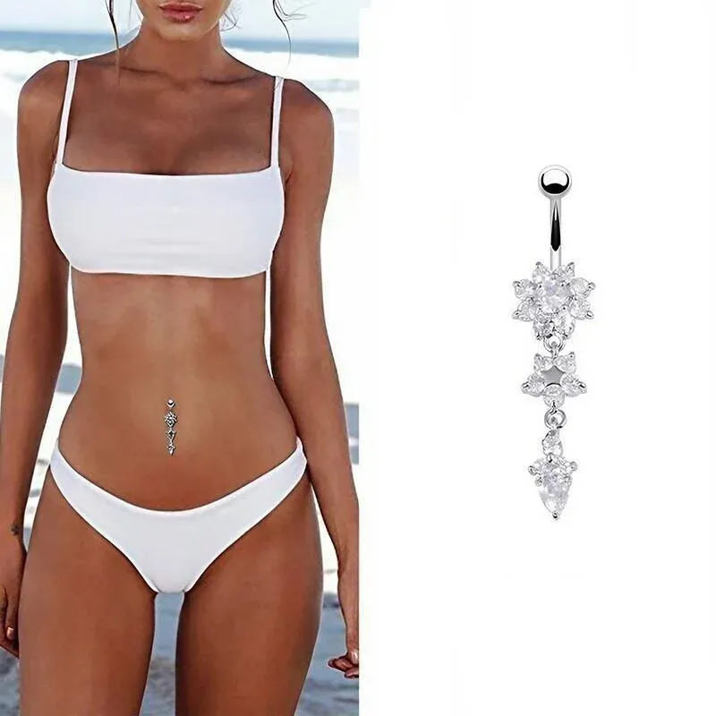 Flower Crystal Surgical Steel Dangle BELLY Button Navel bars Ring Body view 5