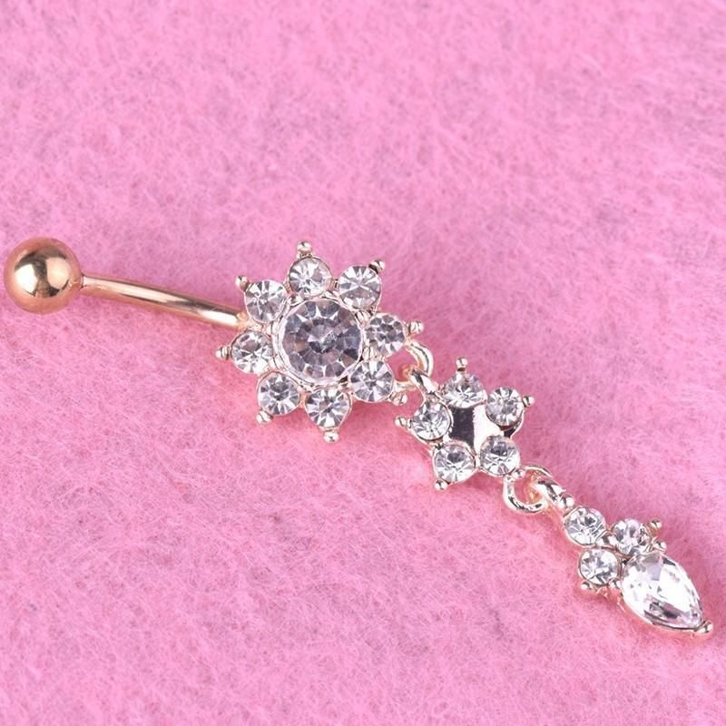 Flower Crystal Surgical Steel Dangle BELLY Button Navel bars Ring Body view 6