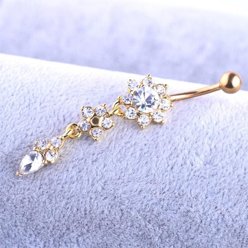 Flower Crystal Surgical Steel Dangle BELLY Button Navel bars Ring Body view 7