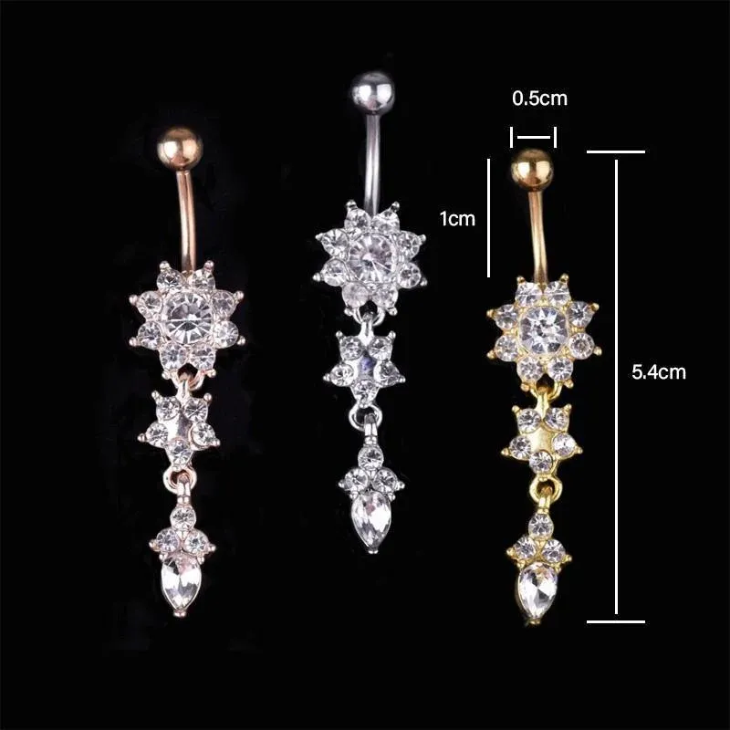 Flower Crystal Surgical Steel Dangle BELLY Button Navel bars Ring Body view 8