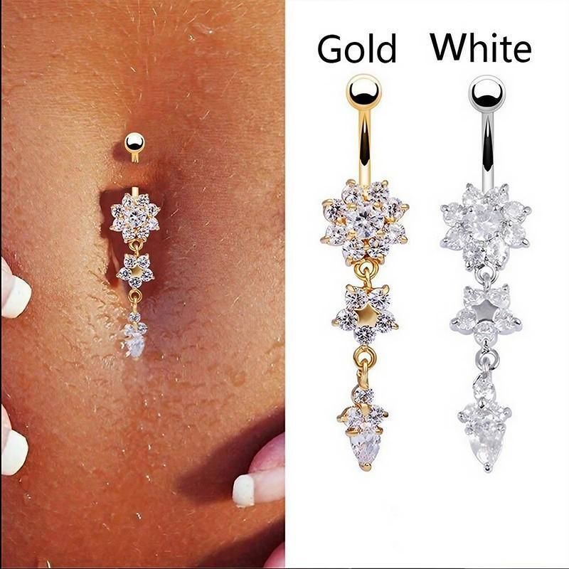 Flower Crystal Surgical Steel Dangle BELLY Button Navel bars Ring Body view 9