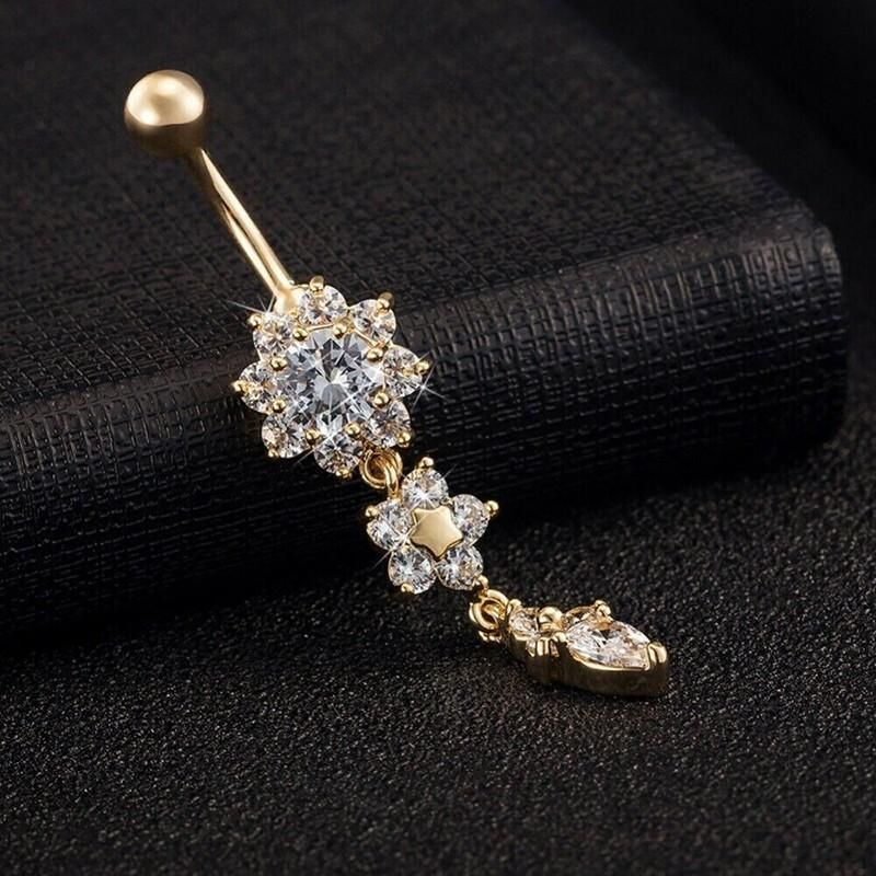 Flower Crystal Surgical Steel Dangle BELLY Button Navel bars Ring Body view 10