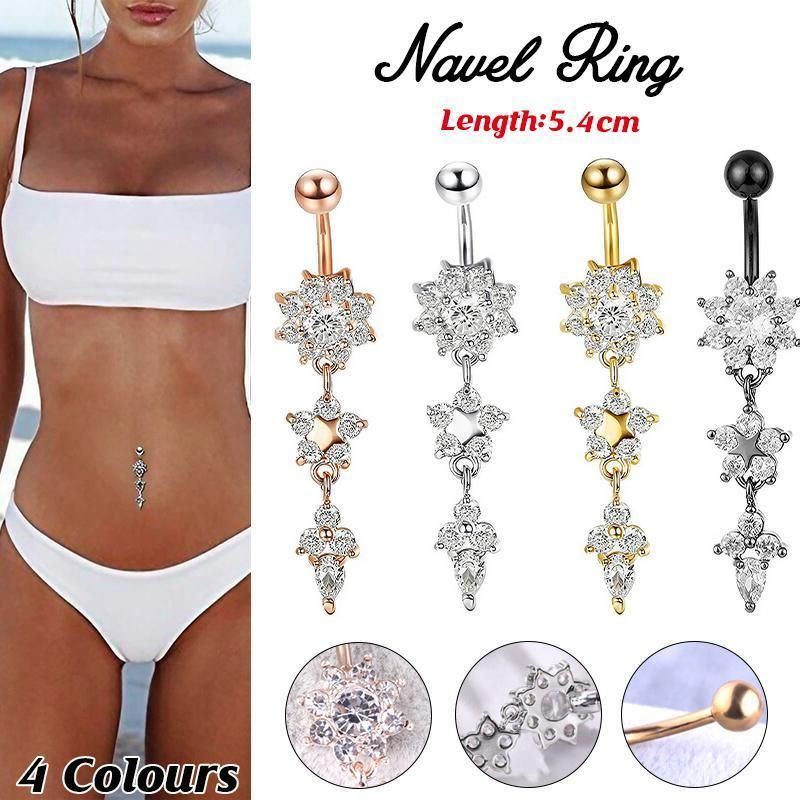 Flower Crystal Surgical Steel Dangle BELLY Button Navel bars Ring Body view 13