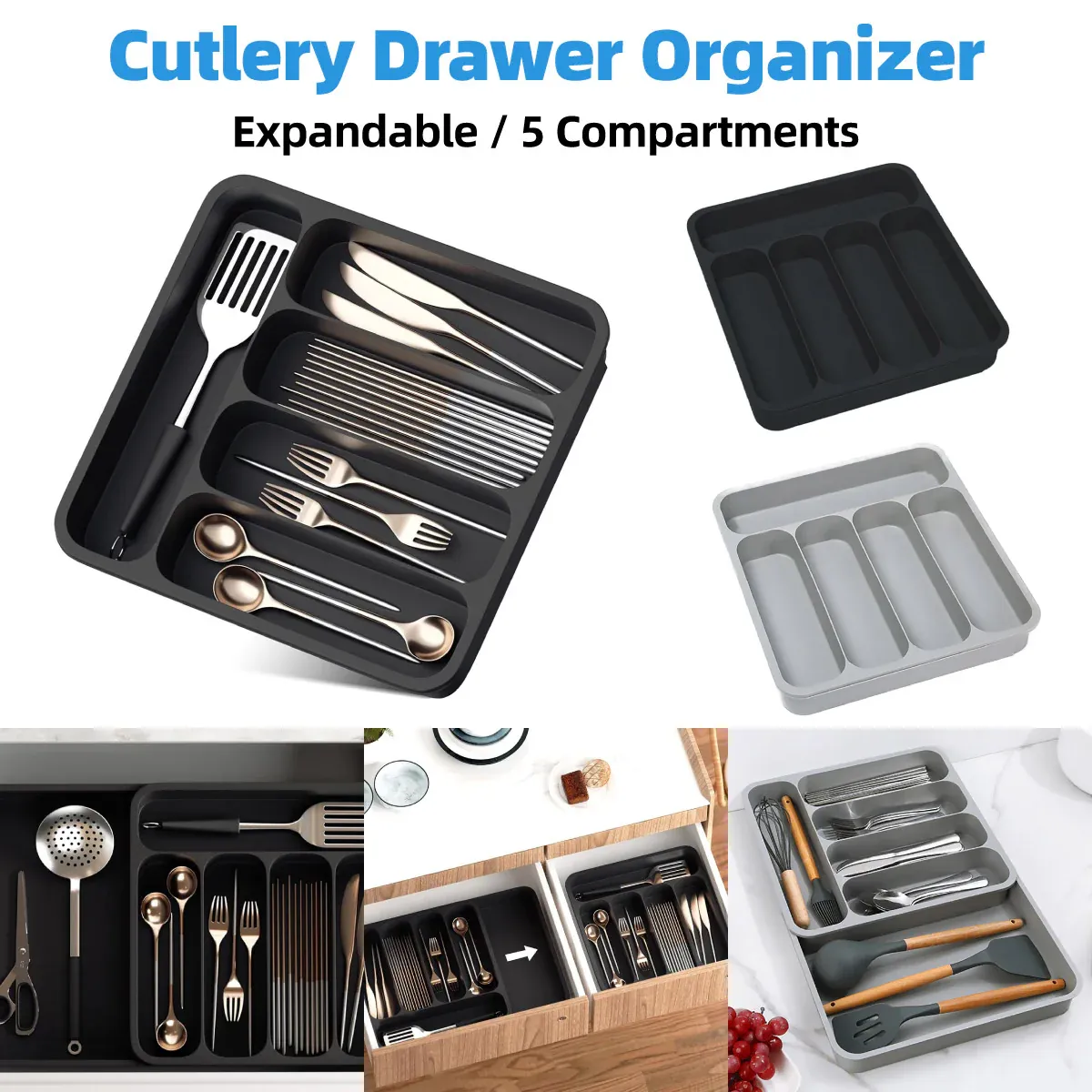 Expandable Cutlery Drawer Organizer Adjustable 6 Slot Kitchen Utensil Tray - Black view 14