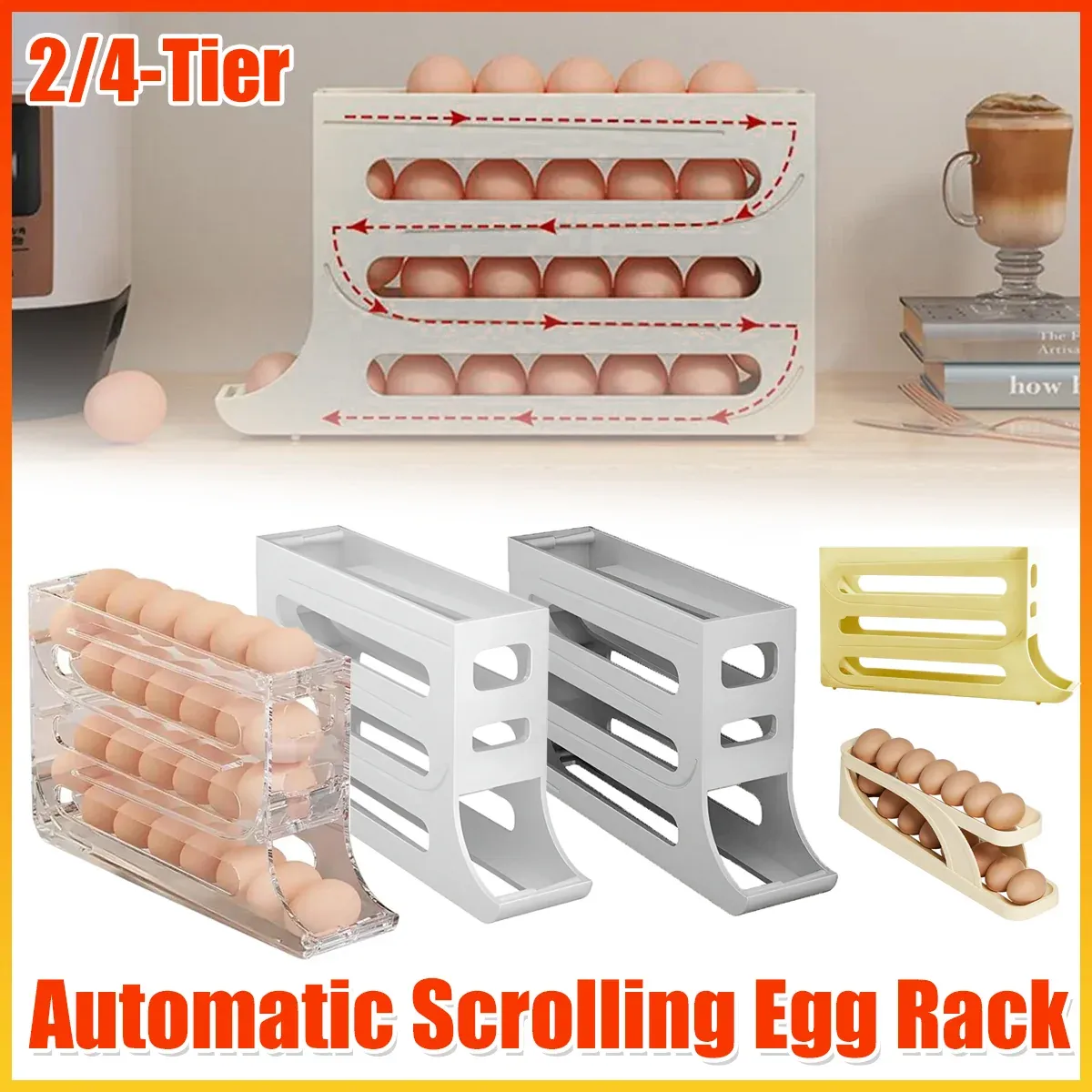 Automatic Scrolling Egg Holder 2/4-Tier Storage Box Container for Refrigerator view 2