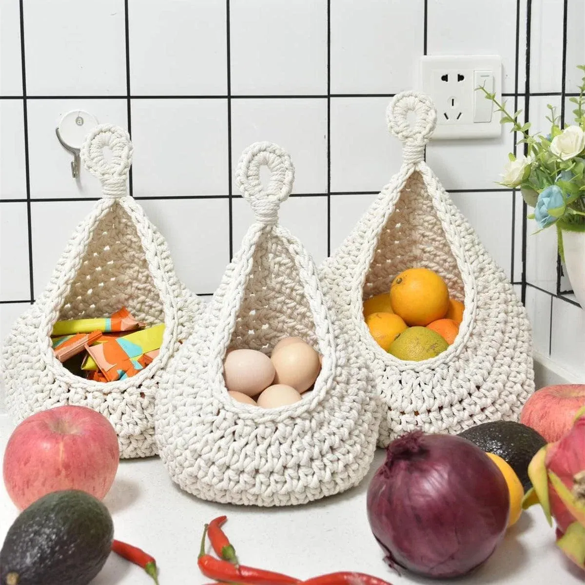 Cotton Rope Woven Storage Basket Wall Mount Fruit Vegetable Organizer view 5