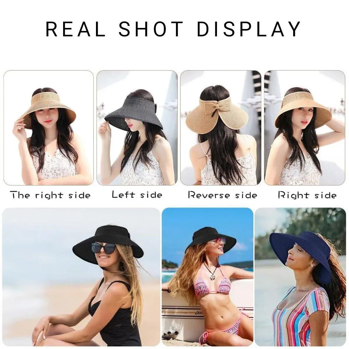 Women Roll Up Sun Visor Wide Brim Straw Hat Summer Foldable UV Protection Cap view 9