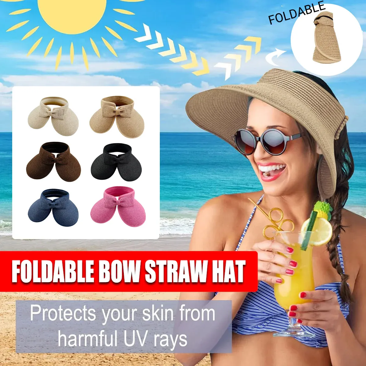Women Roll Up Sun Visor Wide Brim Straw Hat Summer Foldable UV Protection Cap view 2