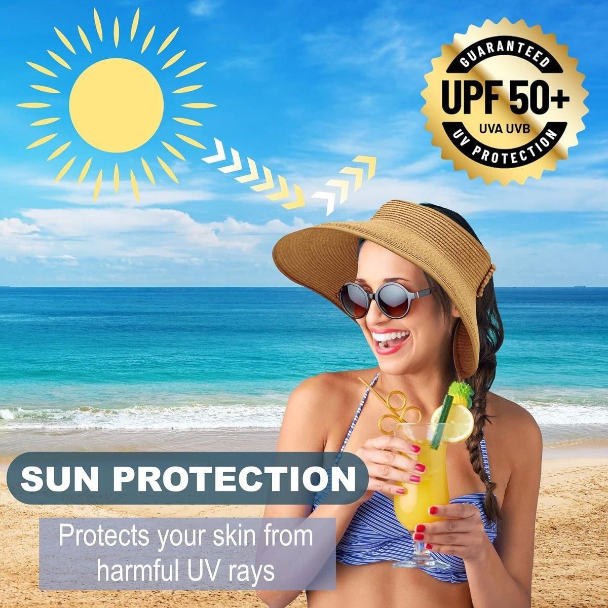 Women Roll Up Sun Visor Wide Brim Straw Hat Summer Foldable UV Protection Cap view 5