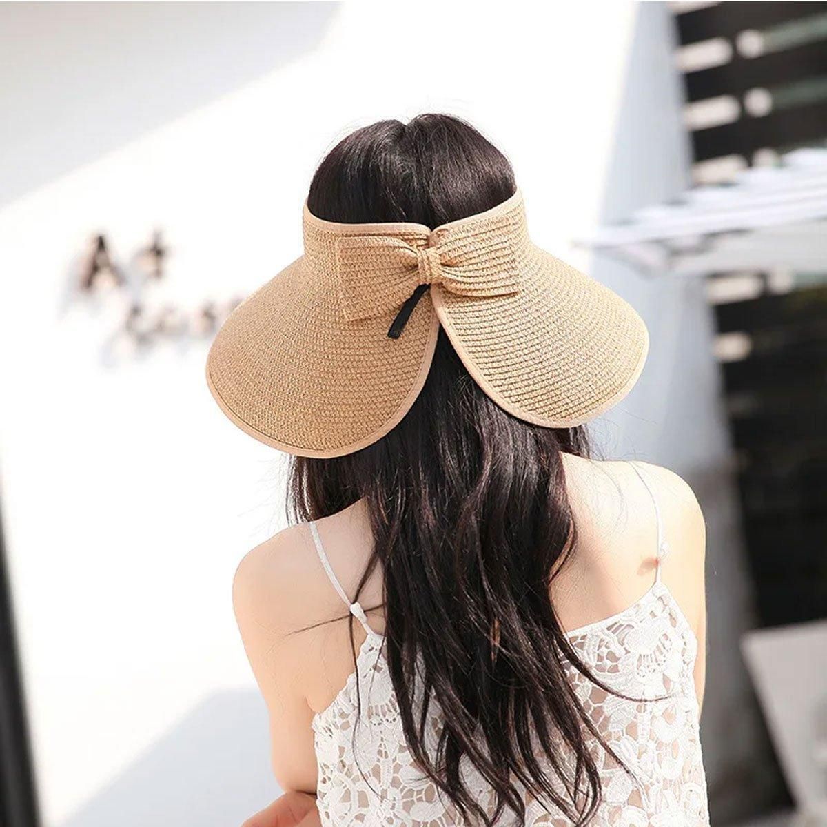 Women Roll Up Sun Visor Wide Brim Straw Hat Summer Foldable UV Protection Cap view 13