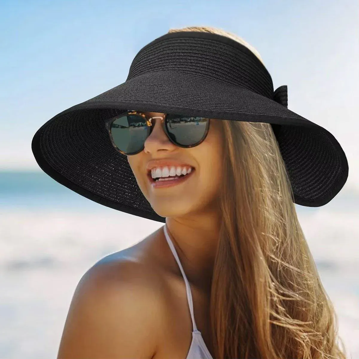 Women Roll Up Sun Visor Wide Brim Straw Hat Summer Foldable UV Protection Cap view 15