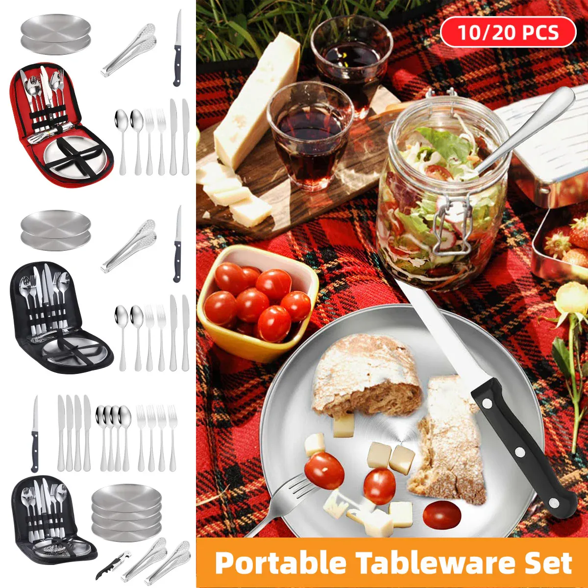 10/20PCS Camping Cutlery Set Outdoor Picnic Utensils Plates Spoons Forks view 2