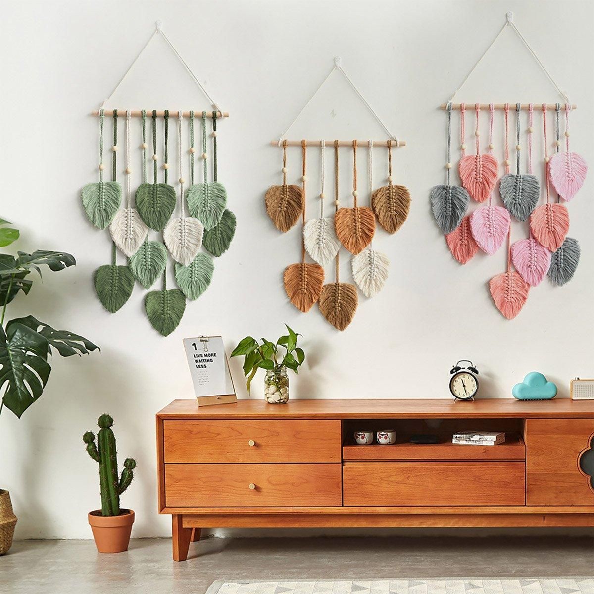 Handmade Braided Cotton Rope Leaves Wall Hanging Home Decoration Ornament - Brown view 9