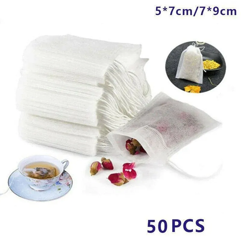 50PCS Empty Tea Filter Bags Drawstring Disposable Herb Spice Soup Pouches - 5x7cm view 2