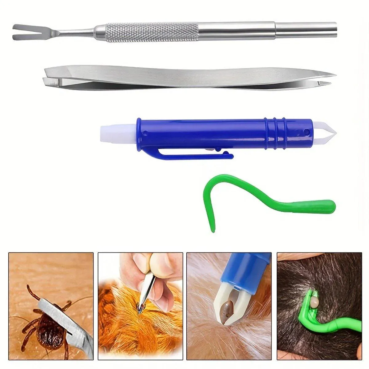 5PCS Pet Flea Tick Removal Tool Set Dog Cat Lice Fork Tweezers Kit Silver Hook view 9
