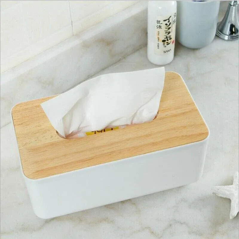 Wooden Lid Tissue Storage Box Dispenser for Napkins Desk Paper Holder view 4