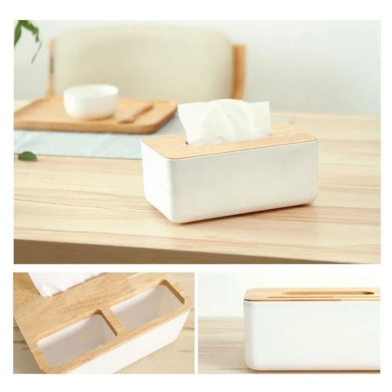 Wooden Lid Tissue Storage Box Dispenser for Napkins Desk Paper Holder view 5