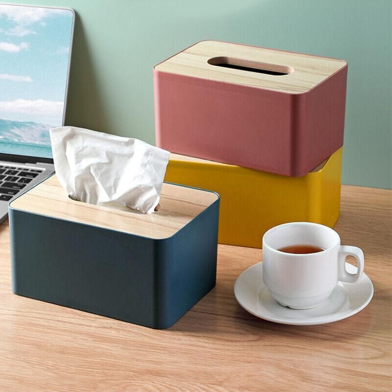Wooden Lid Tissue Storage Box Dispenser for Napkins Desk Paper Holder view 6