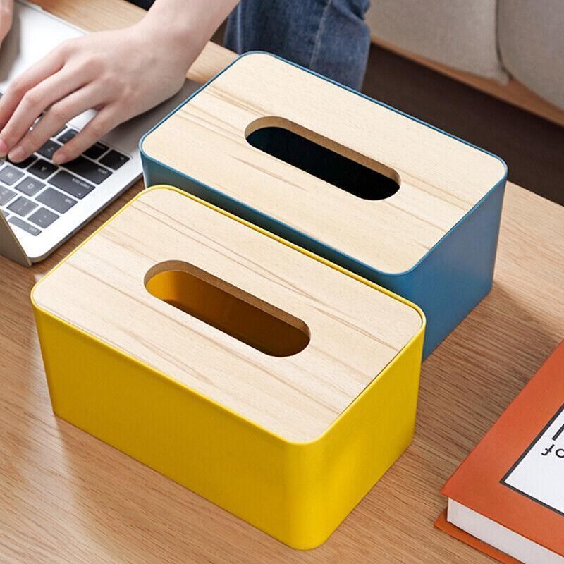 Wooden Lid Tissue Storage Box Dispenser for Napkins Desk Paper Holder view 8