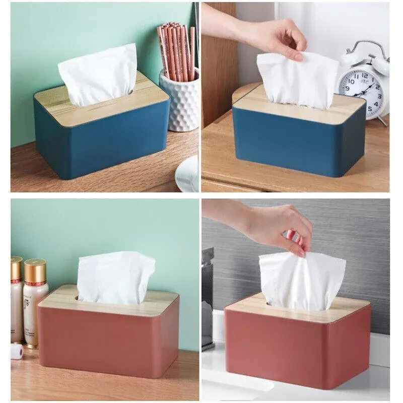 Wooden Lid Tissue Storage Box Dispenser for Napkins Desk Paper Holder view 11