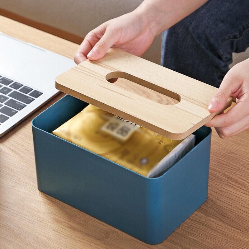 Wooden Lid Tissue Storage Box Dispenser for Napkins Desk Paper Holder view 12