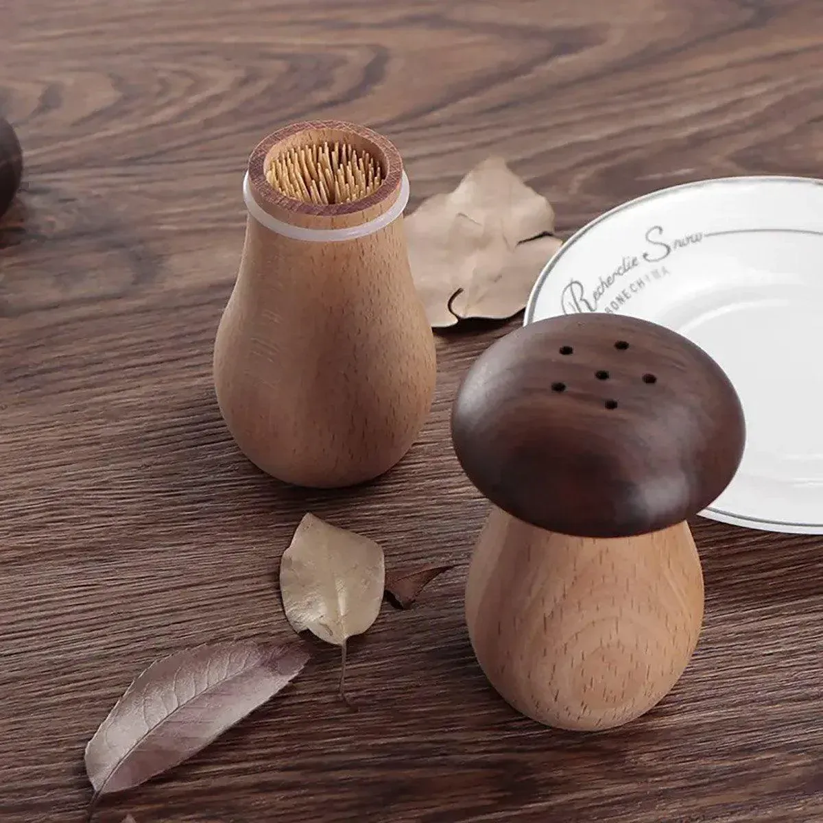 Solid Wood Toothpick Holder Black Walnut Beech Cute Mushroom Toothpick Box view 8