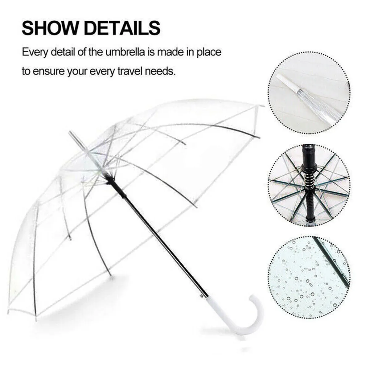 Clear Transparent Umbrella Long Handle Auto Open PVC Rain Parasol 71cm view 3