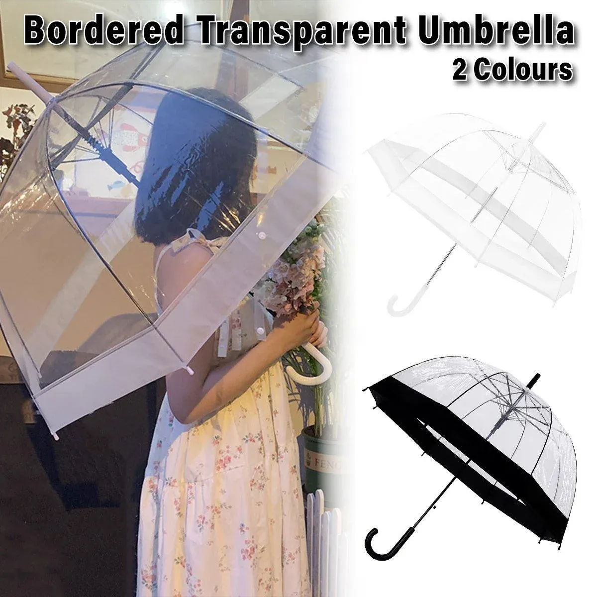 Clear Dome Umbrella Wedding Party Transparent Parasol Handle Waterproof Rain view 2