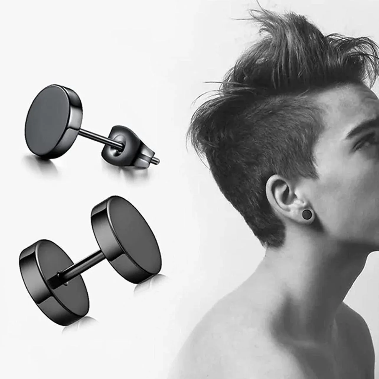 Pair Black Flat Round Barbell Plug Stud Earrings Stainless Steel Mens Gym view 4