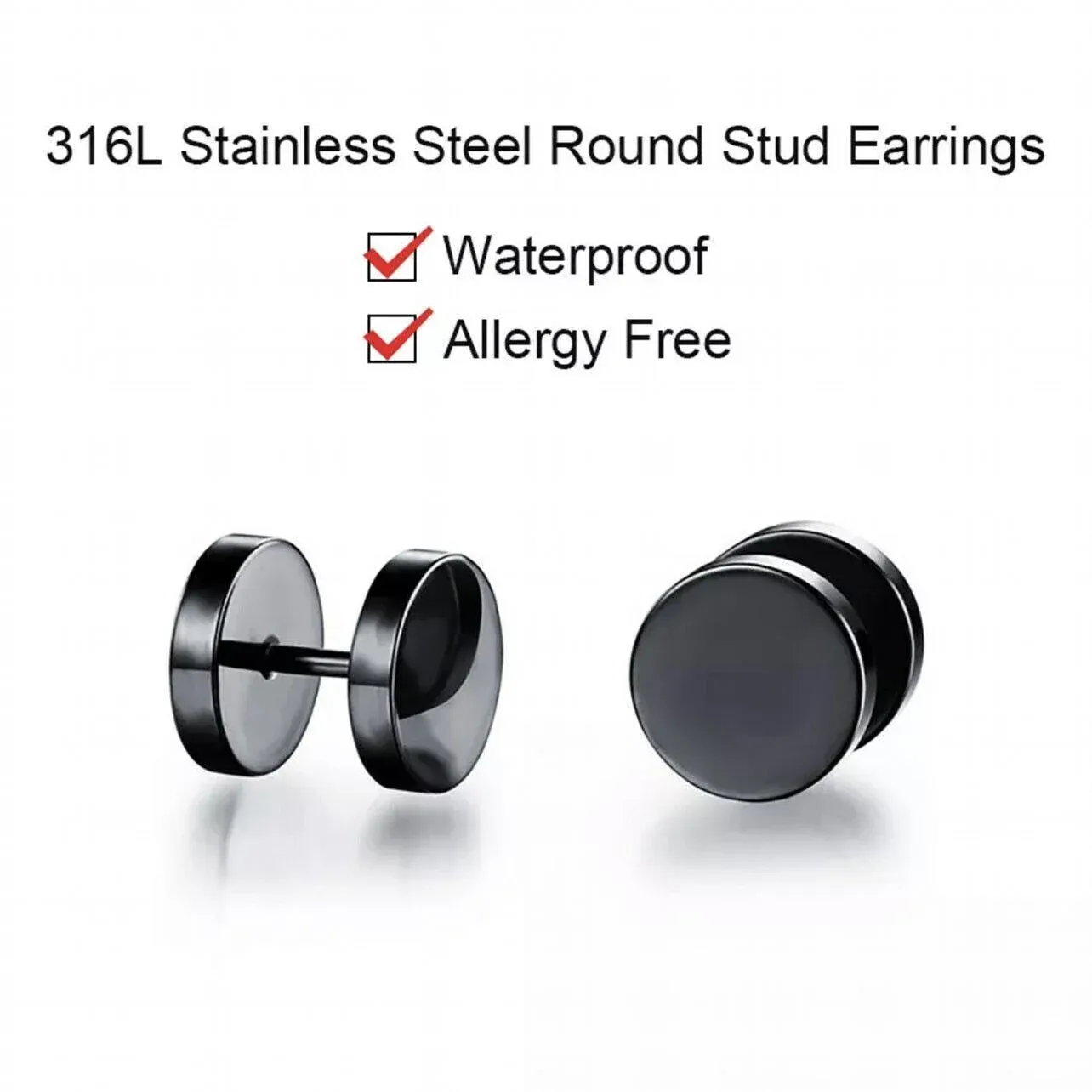 Pair Black Flat Round Barbell Plug Stud Earrings Stainless Steel Mens Gym view 11
