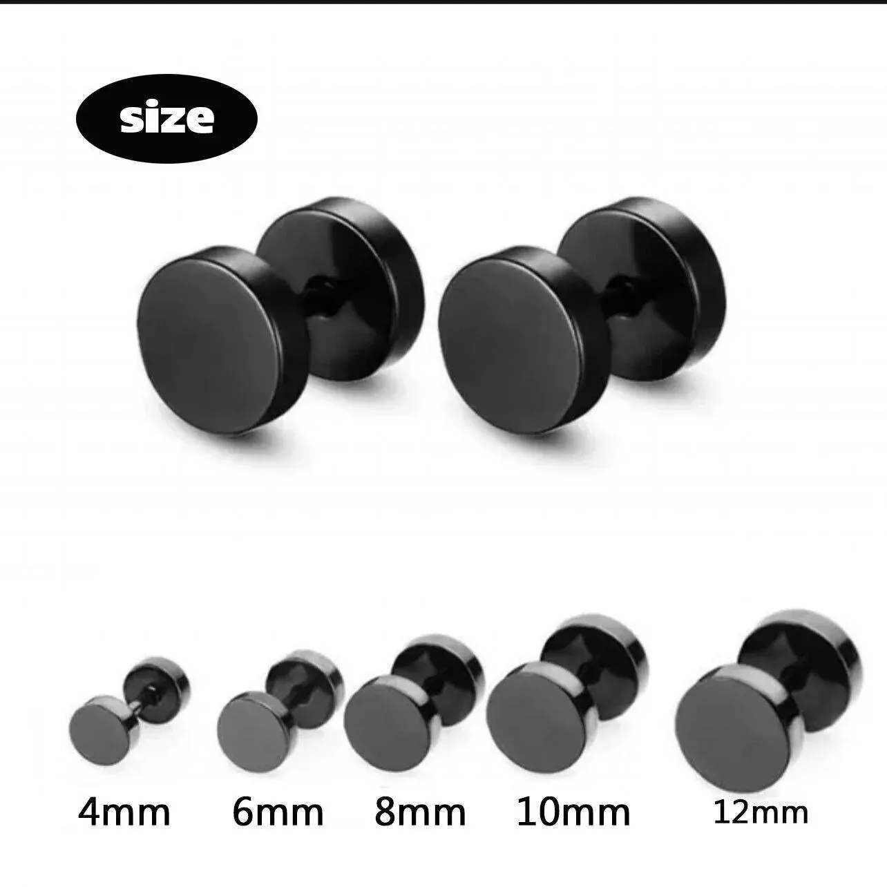 Pair Black Flat Round Barbell Plug Stud Earrings Stainless Steel Mens Gym view 12