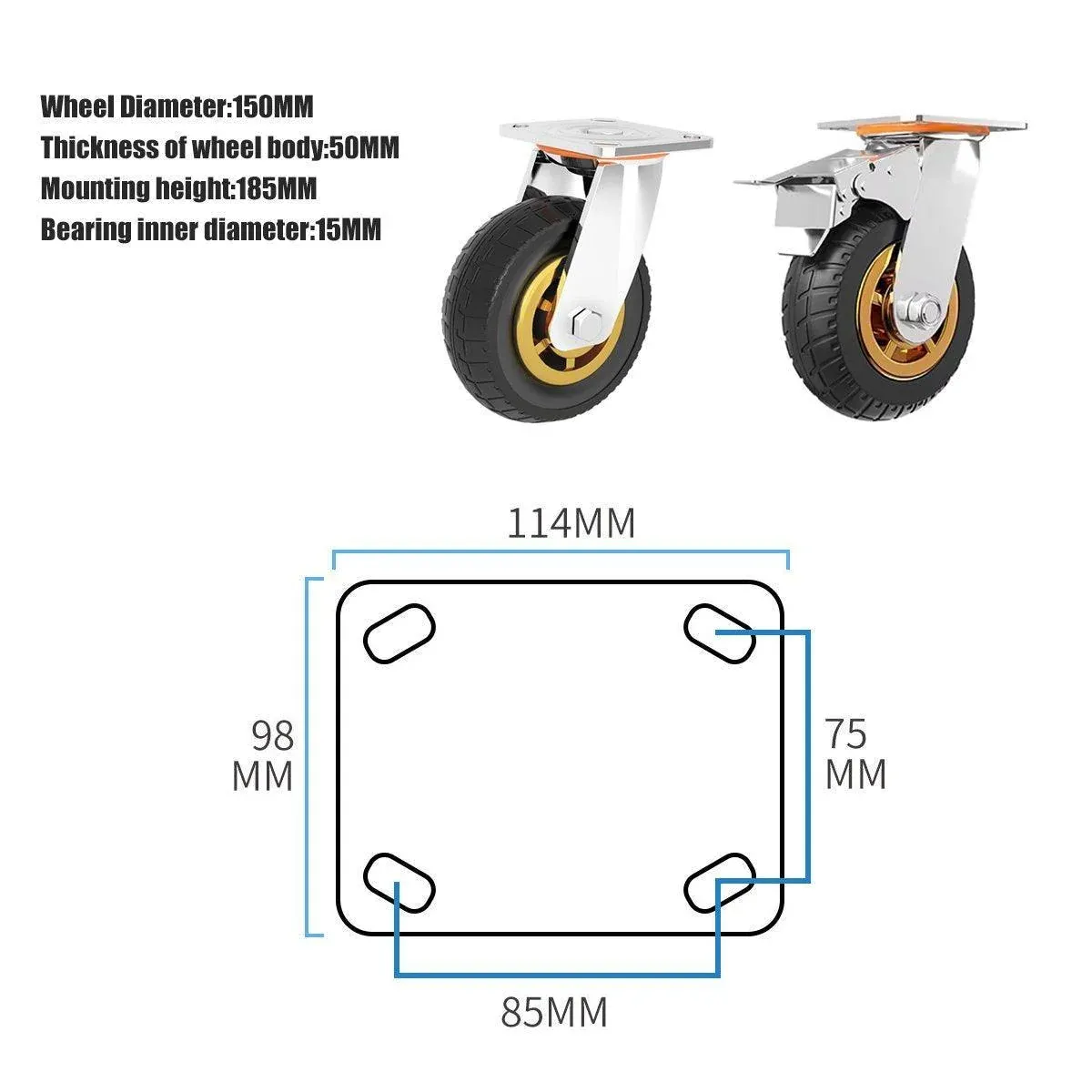 4pcs 6inch Heavy Duty Swivel Caster Wheels 150mm 1000kg Load 2 with Brakes view 4