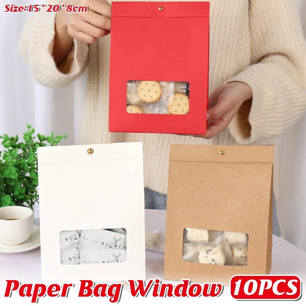 10PCS Snowflake Kraft Paper Candy Bag with Window Biscuit Self Standing Food view 2