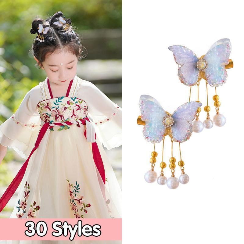 2Pcs Hanfu Flower Hair Clip with Pearl Tassel Butterfly Hairpin for Women and view 14