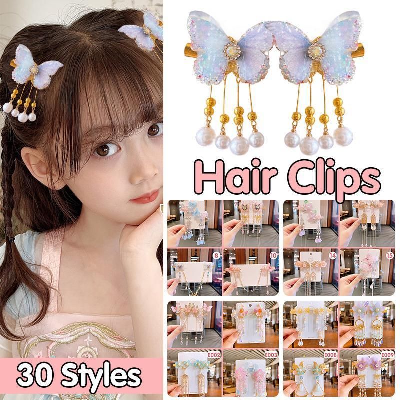 2Pcs Hanfu Flower Hair Clip with Pearl Tassel Butterfly Hairpin for Women and view 2