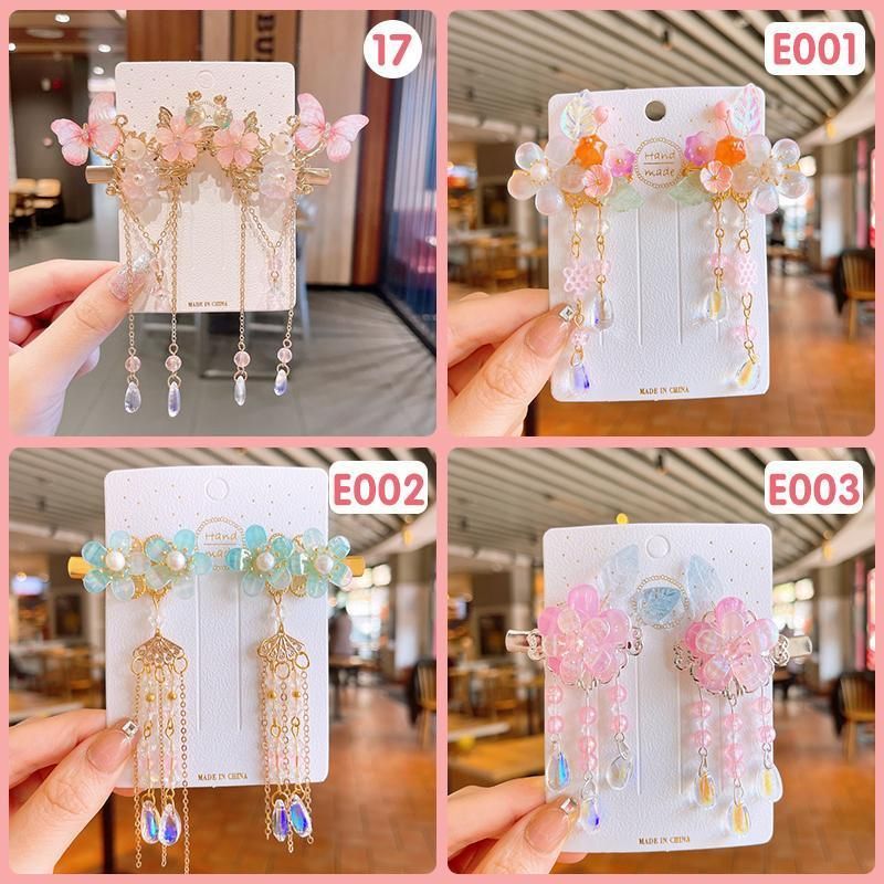 2Pcs Hanfu Flower Hair Clip with Pearl Tassel Butterfly Hairpin for Women and view 7