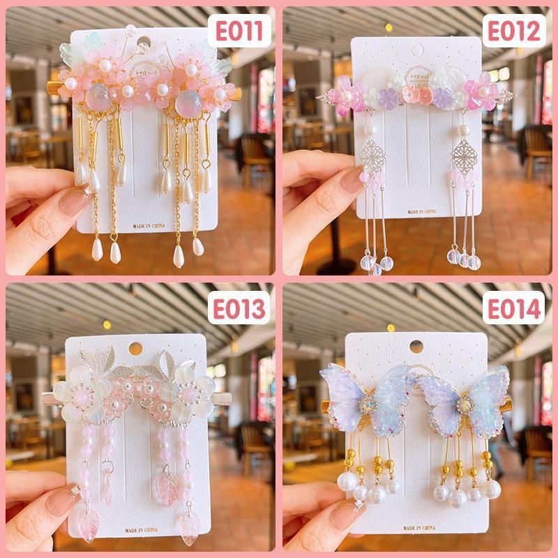 2Pcs Hanfu Flower Hair Clip with Pearl Tassel Butterfly Hairpin for Women and view 9