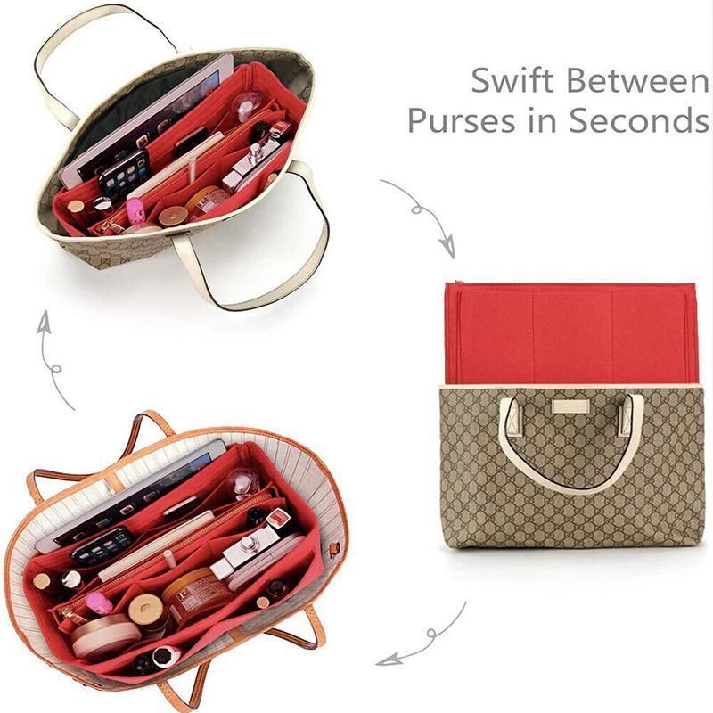 Felt Handbag Organizer Insert with Multiple Pockets for Tote and Purse - Red view 8
