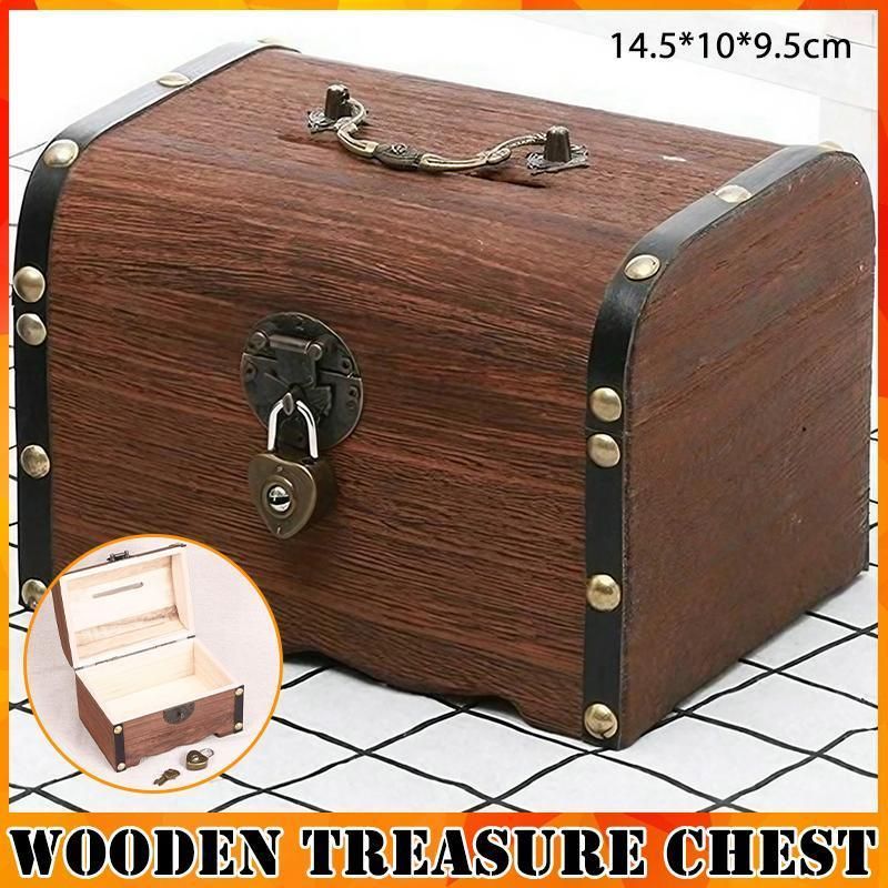 Wooden Treasure Chest Retro Money Storage Box Case Coin Piggy Bank Organizer