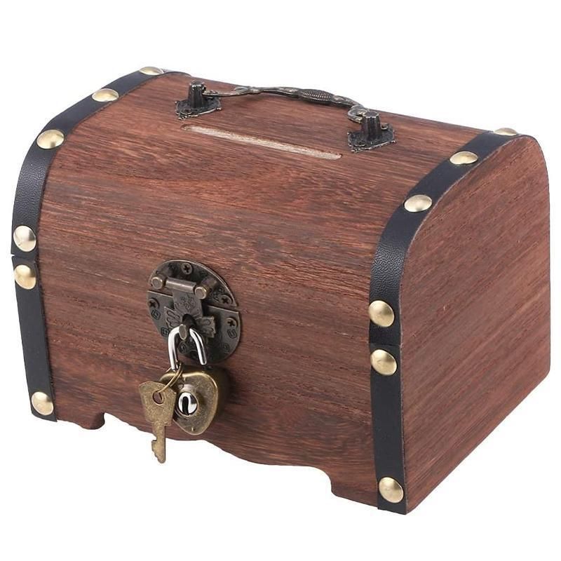 Wooden Treasure Chest Retro Money Storage Box Case Coin Piggy Bank Organizer view 2