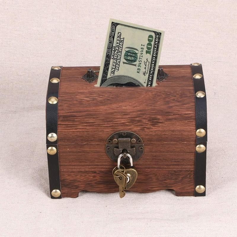 Wooden Treasure Chest Retro Money Storage Box Case Coin Piggy Bank Organizer view 3