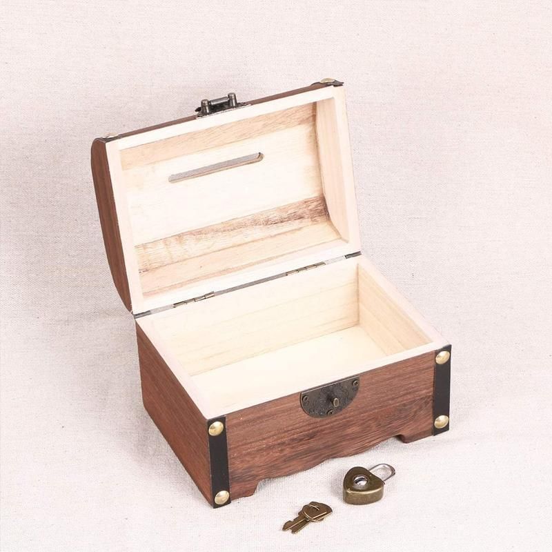 Wooden Treasure Chest Retro Money Storage Box Case Coin Piggy Bank Organizer view 6