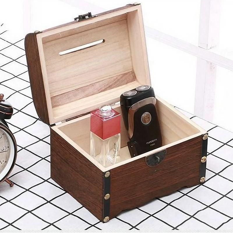 Wooden Treasure Chest Retro Money Storage Box Case Coin Piggy Bank Organizer view 9