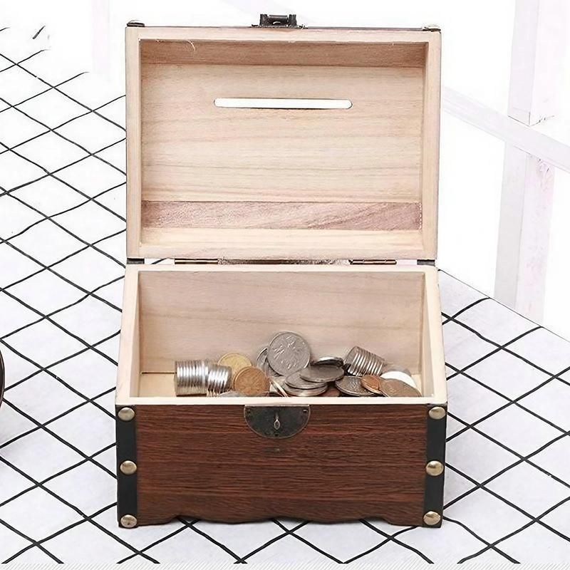 Wooden Treasure Chest Retro Money Storage Box Case Coin Piggy Bank Organizer view 10
