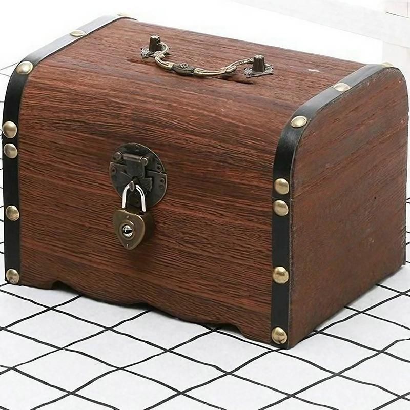 Wooden Treasure Chest Retro Money Storage Box Case Coin Piggy Bank Organizer view 11
