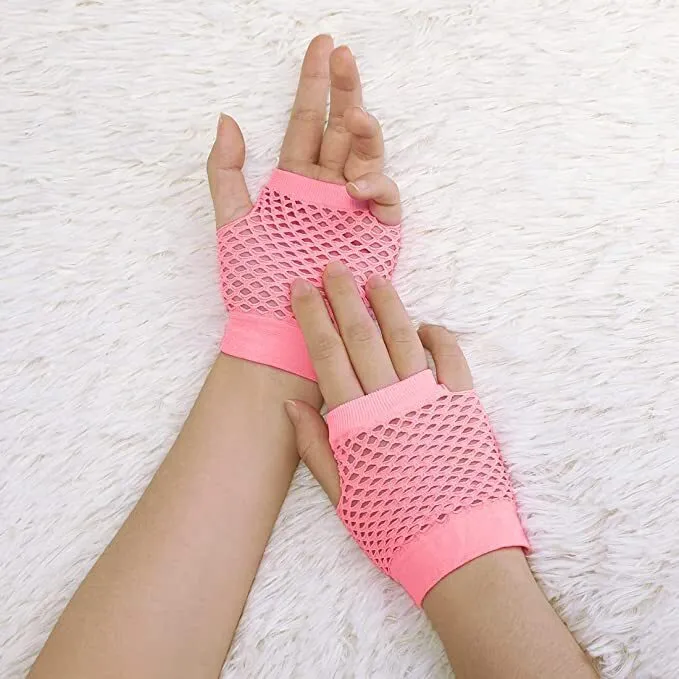 24 Pair Fishnet Gloves Fingerless Wrist Length 70s 80s Costume Party Light Pink view 4