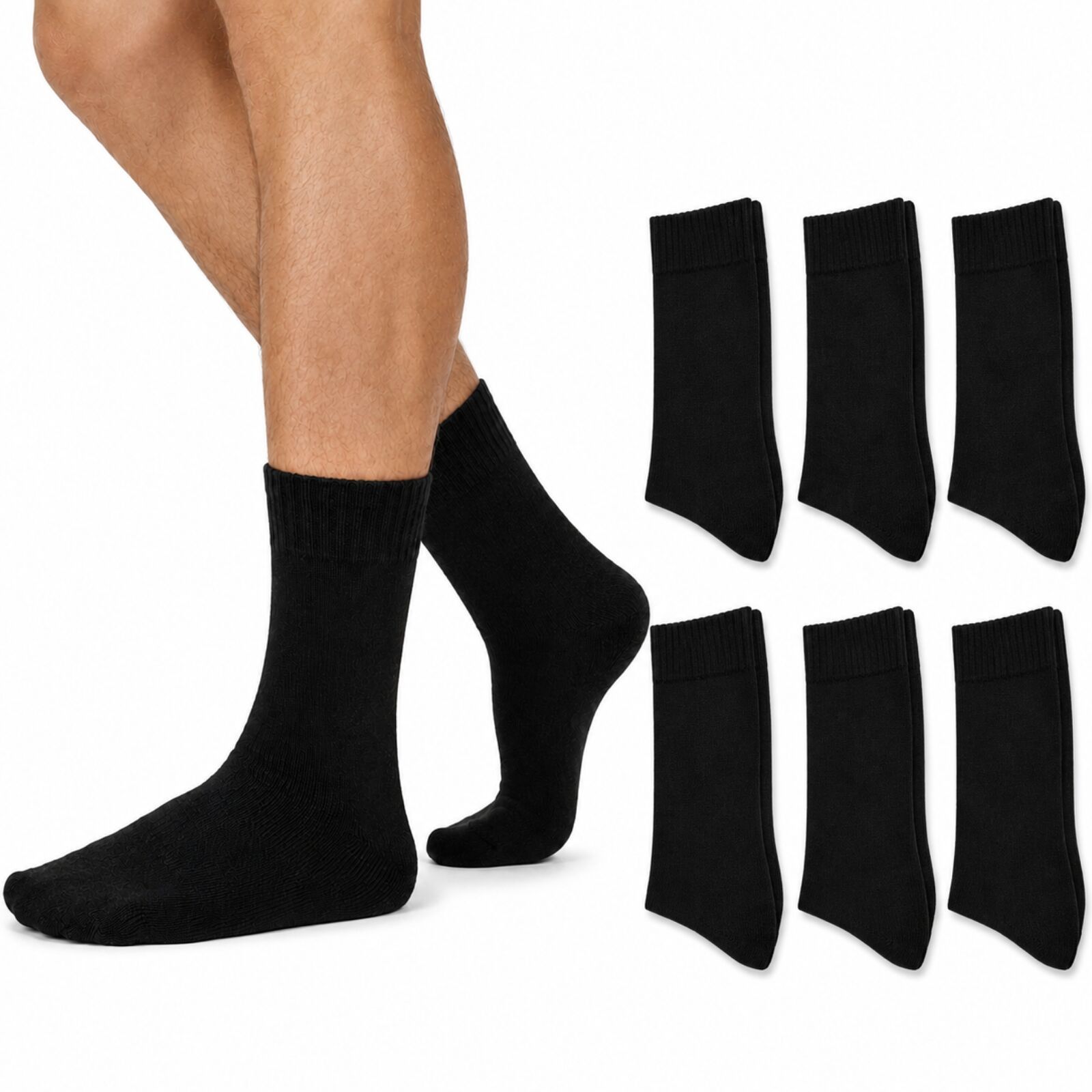 Merino Wool Mens Thermal Diabetic Socks Loose Top Circulation 6 Pairs - Black view 2