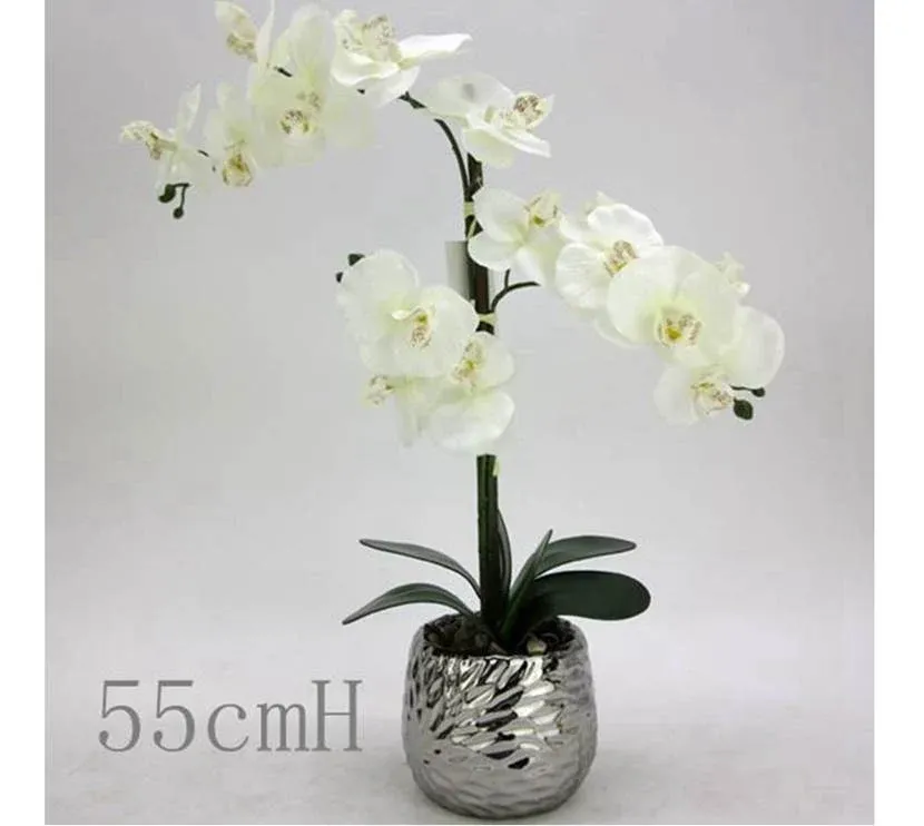 Artificial White Orchid in Silver Pot 56cm